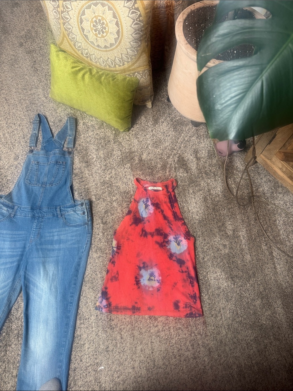 Free People Red Tie-Dye Ribbed High-Neck Tank